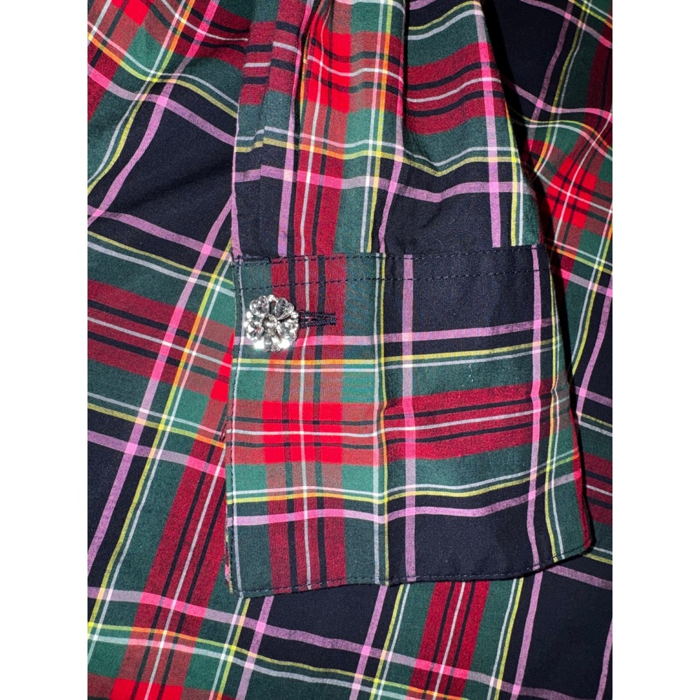 Talbots Dashing Plaid Band Collar Tunic Red Green Jewel Button Popover Large - Picture 9 of 9
